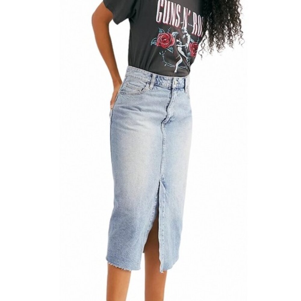 Free People Light Blue Denim Midi Skirt